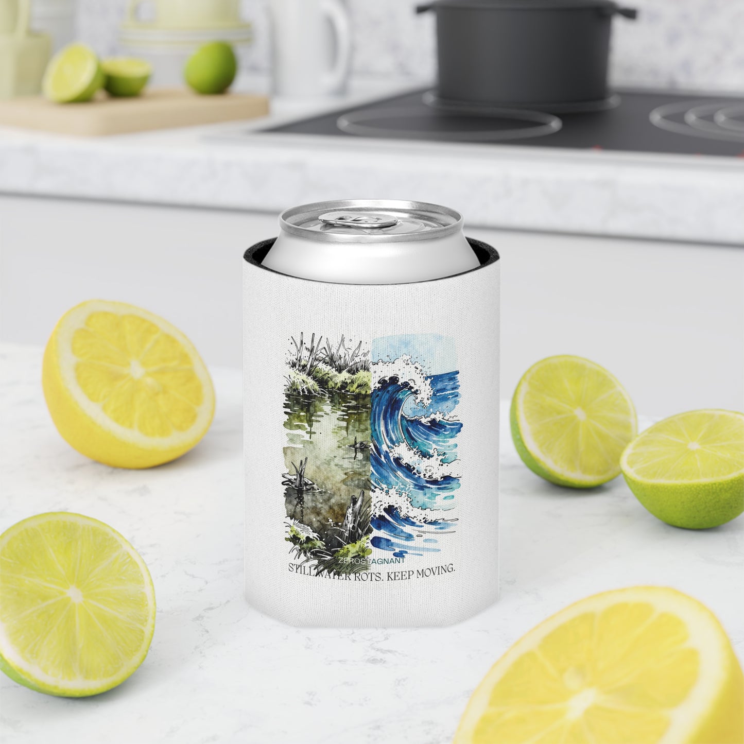 Can Cooler — Coastal Wave & Marsh Art Can Cooler ("Still, Take Roots. Keep Moving.")