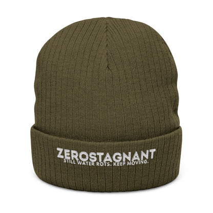 Ribbed Knit Beanie — Embroidered “ZEROSTAGNANT: Still Water Rots. Keep Moving.”