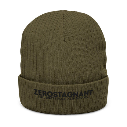 Ribbed Knit Beanie — Embroidered “ZEROSTAGNANT: Still Water Rots. Keep Moving.”