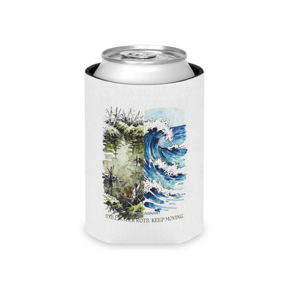 Can Cooler — Coastal Wave & Marsh Art Can Cooler ("Still, Take Roots. Keep Moving.")