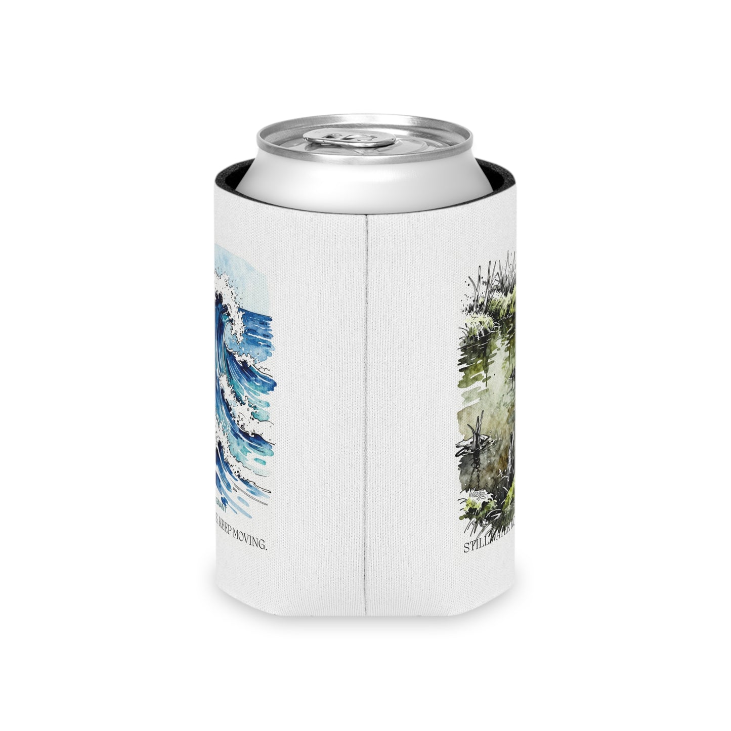 Can Cooler — Coastal Wave & Marsh Art Can Cooler ("Still, Take Roots. Keep Moving.")
