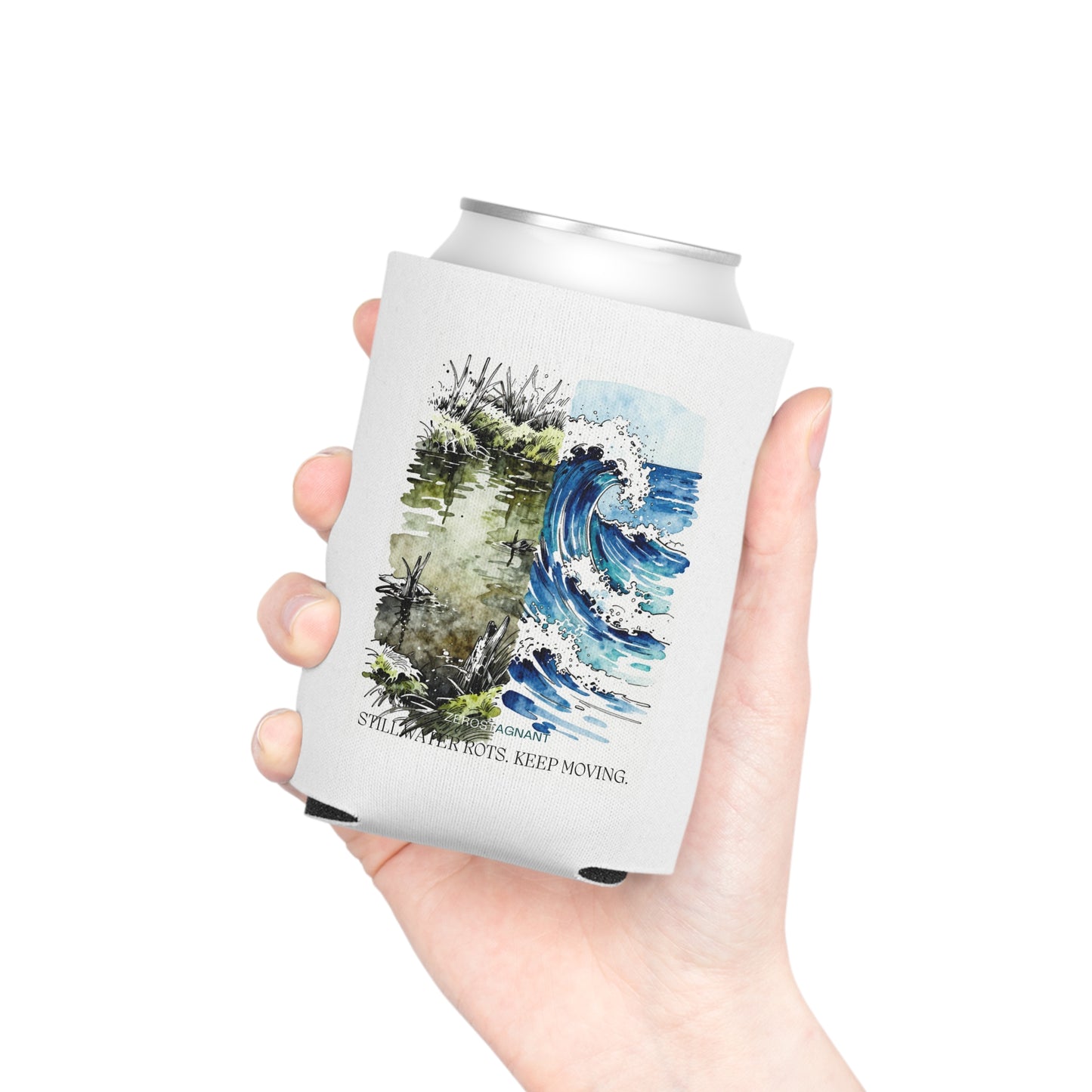 Can Cooler — Coastal Wave & Marsh Art Can Cooler ("Still, Take Roots. Keep Moving.")