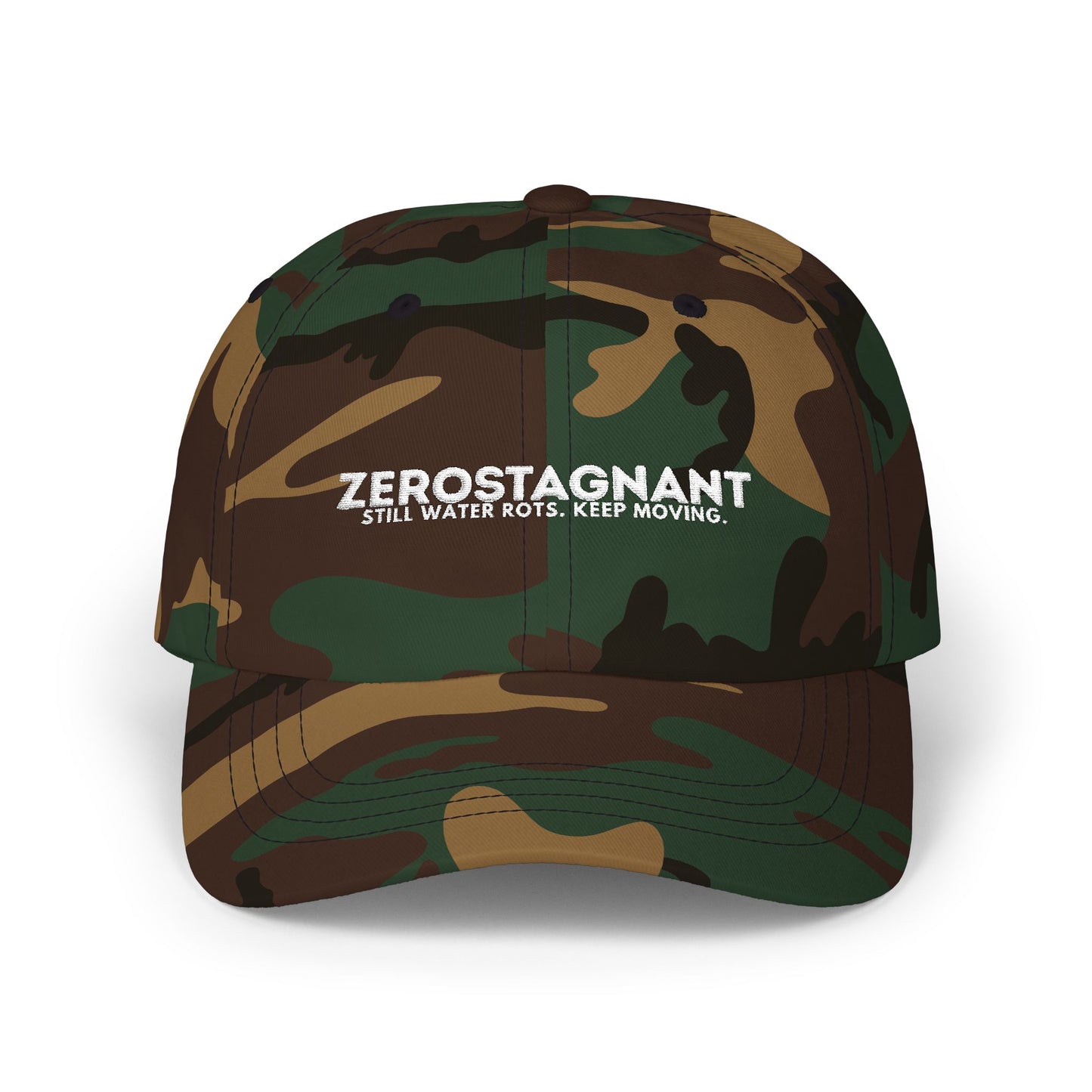 Dad Cap — Embroidered "Zerostagnant: Still Water Roots. Keep Moving."