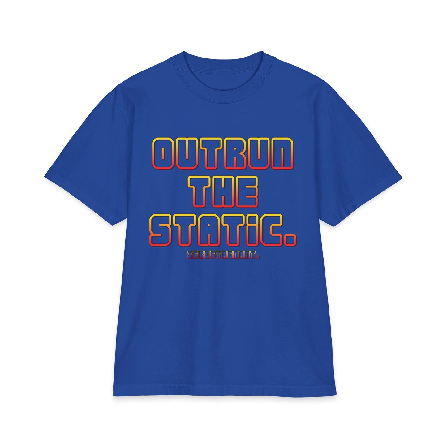 Outrun The Static T-Shirt — Unisex Max Heavyweight Short Sleeve — Retro Gradient Graphic, Non-Stop