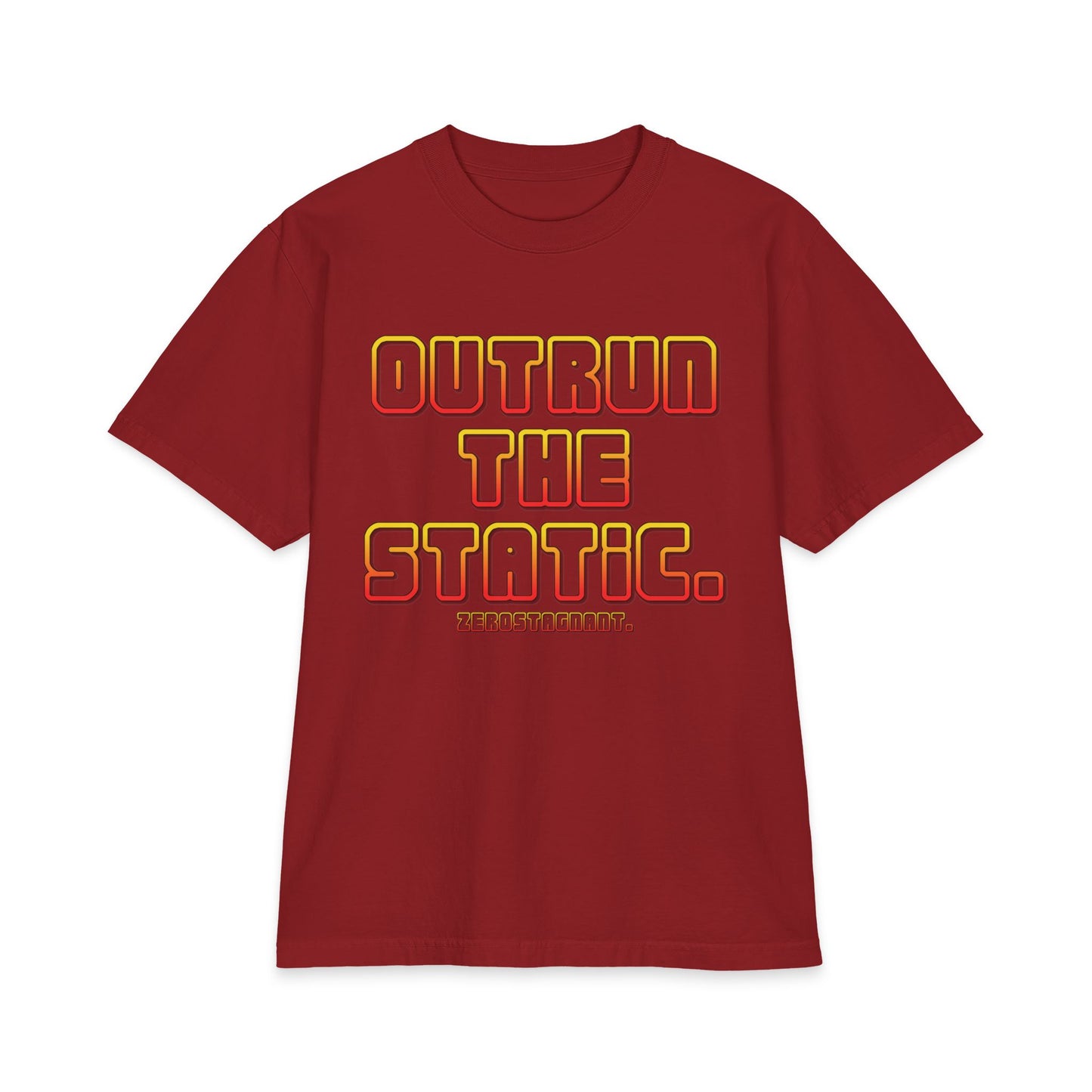 Outrun The Static T-Shirt — Unisex Max Heavyweight Short Sleeve — Retro Gradient Graphic, Non-Stop