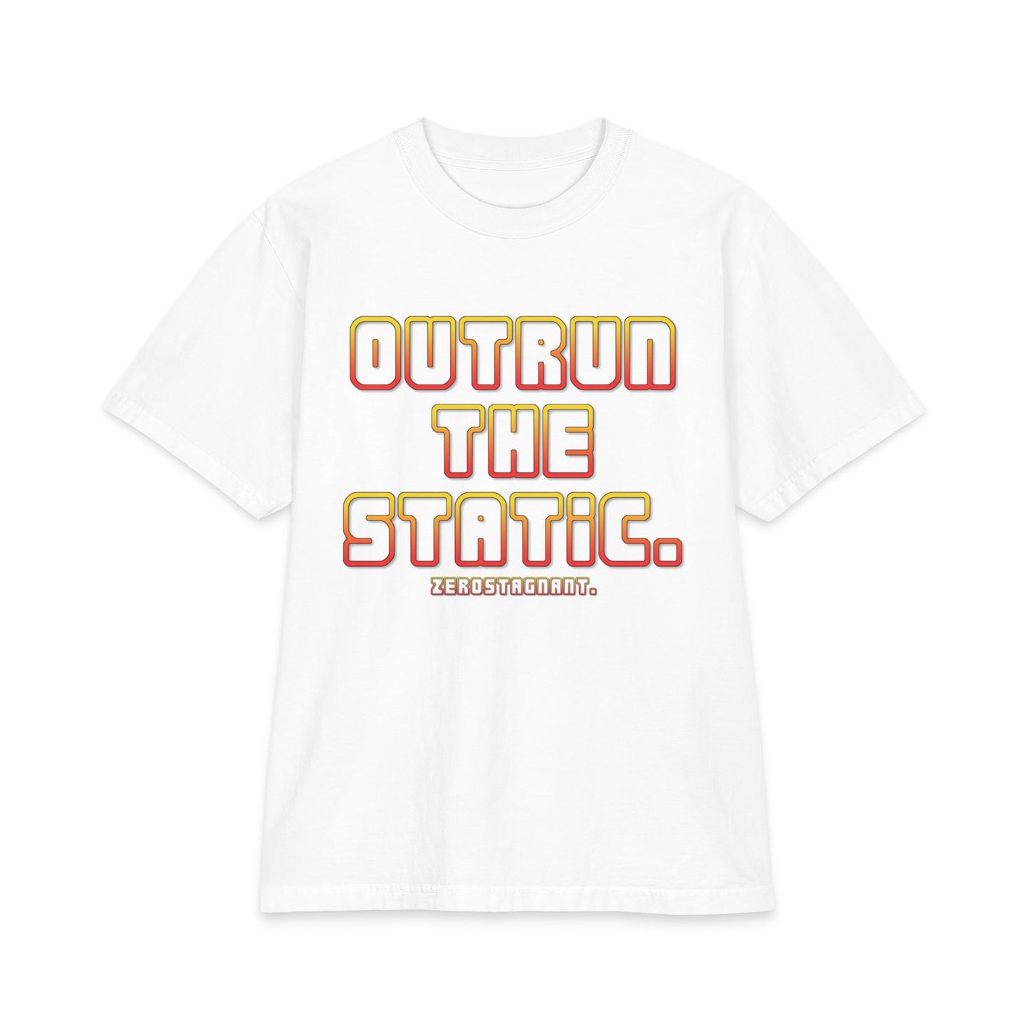 Outrun The Static T-Shirt — Unisex Max Heavyweight Short Sleeve — Retro Gradient Graphic, Non-Stop