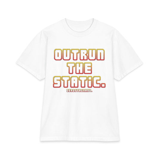 Outrun The Static T-Shirt — Unisex Max Heavyweight Short Sleeve — Retro Gradient Graphic, Non-Stop