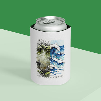 Can Cooler — Coastal Wave & Marsh Art Can Cooler ("Still, Take Roots. Keep Moving.")