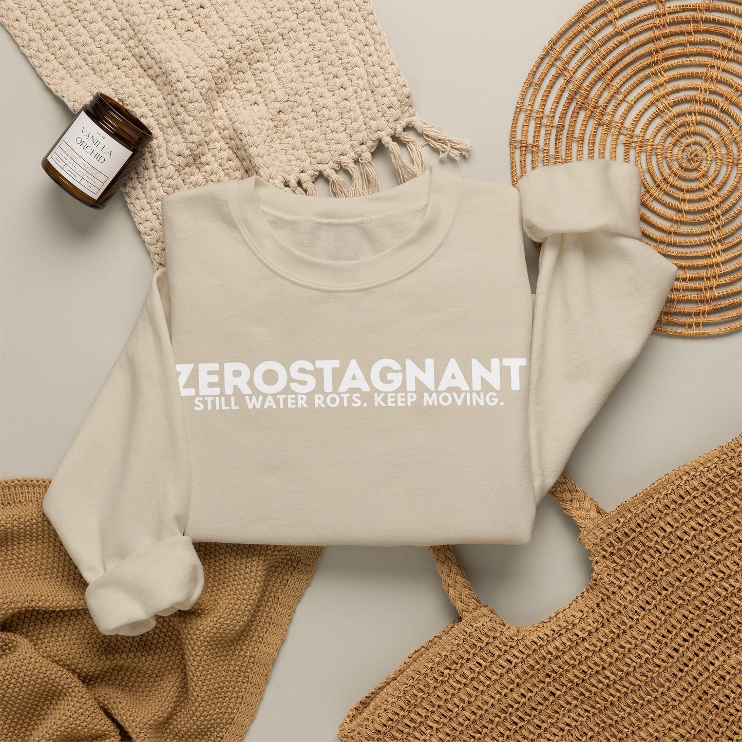 Crewneck Sweatshirt — "Zerostagnant: Still Water Rots. Keep Moving."