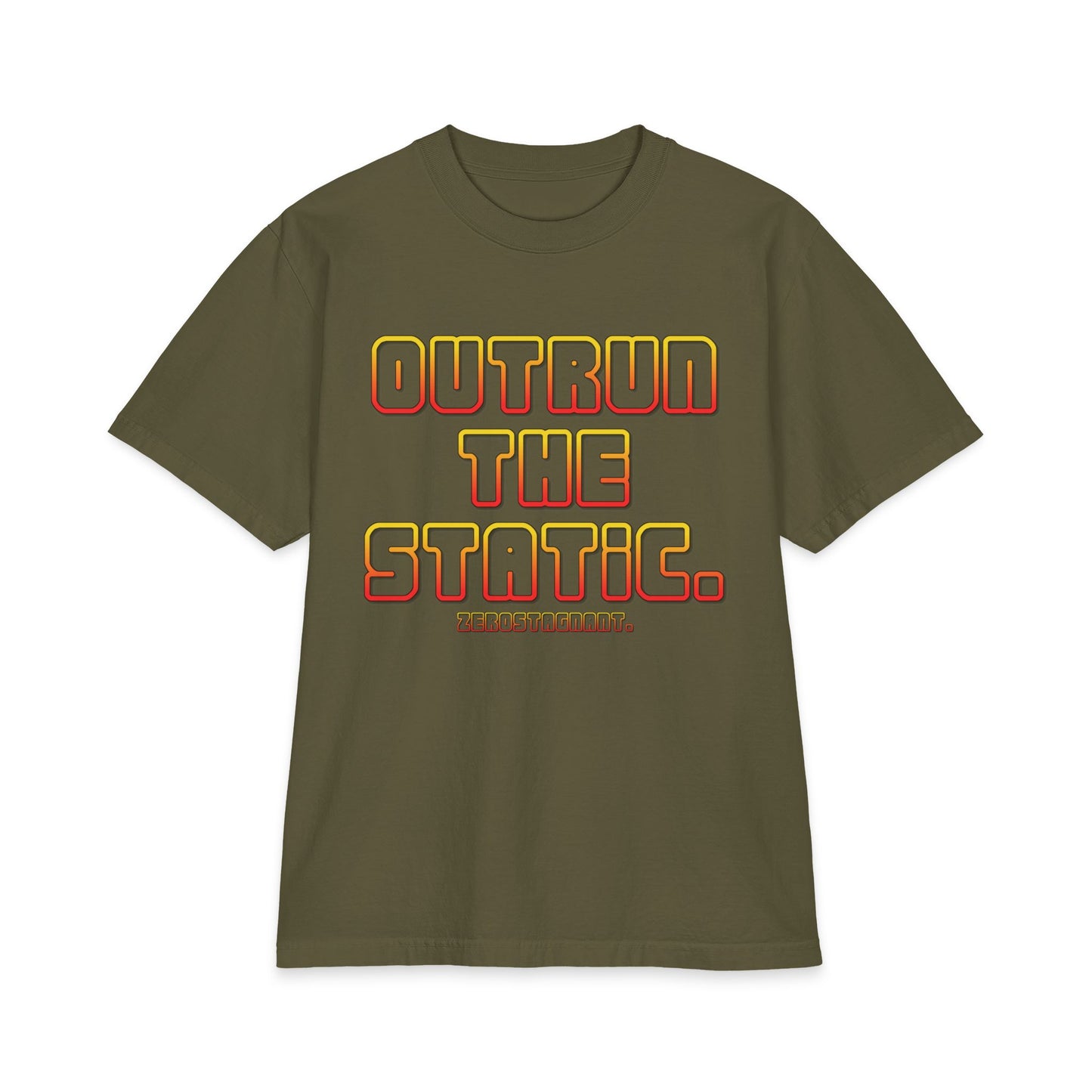 Outrun The Static T-Shirt — Unisex Max Heavyweight Short Sleeve — Retro Gradient Graphic, Non-Stop