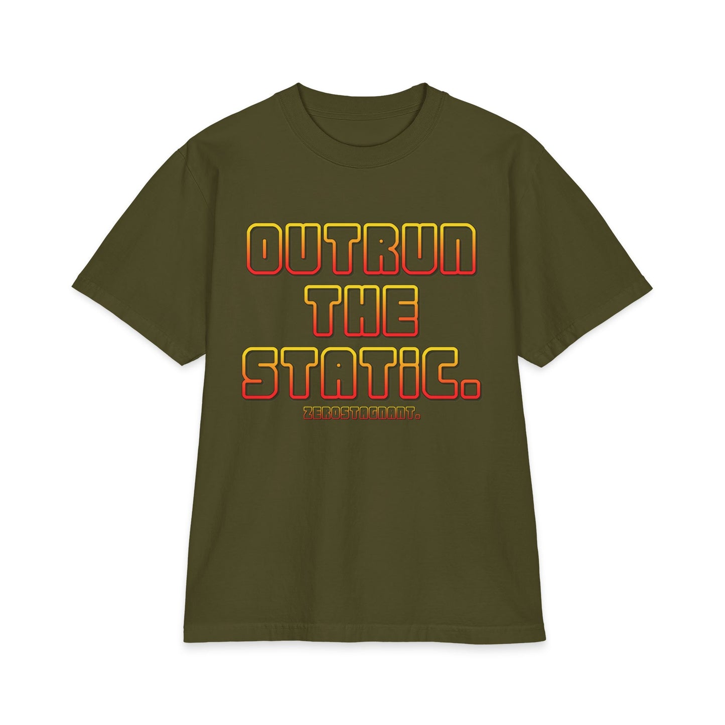 Outrun The Static T-Shirt — Unisex Max Heavyweight Short Sleeve — Retro Gradient Graphic, Non-Stop